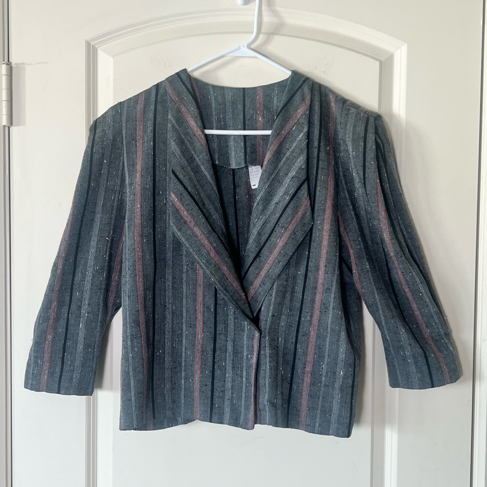 Vintage 80s gray striped blazer with draped puff sleeves and shawl collar